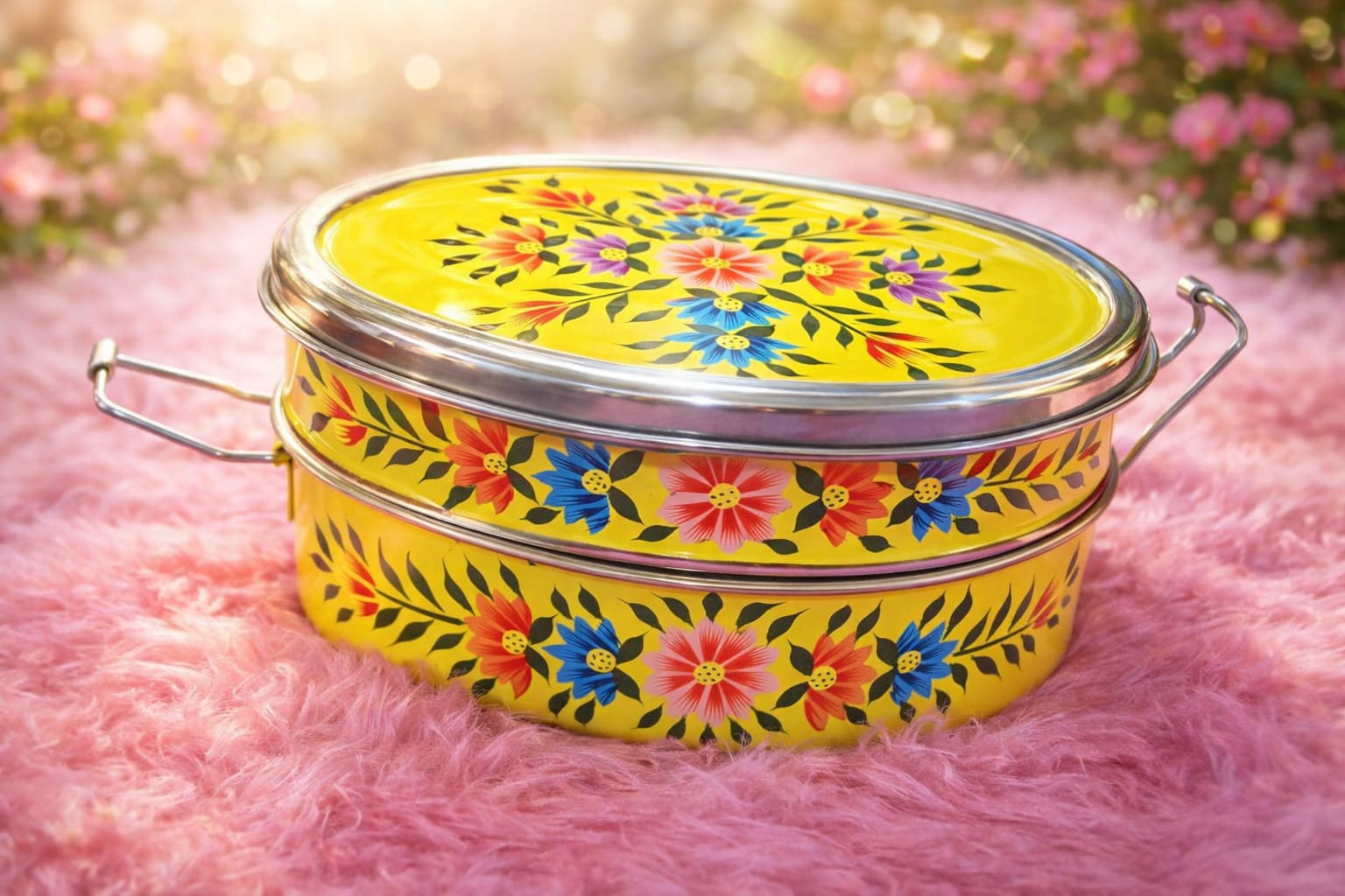 Steel Bento Box , Hand painted bento box , Enamel Lunch box, Hand painted Tiffins